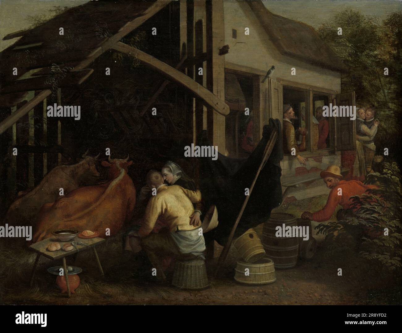 Paare, die sich in einem Country Inn lieben, c.1570-c.1590. Ein Mann und eine Frau umarmen sich in einem Kuhstall. Es wurde eine rudimentäre Leinwand aufgestellt, mit einem Stück Stoff und einem Ruder. Im rechten Vordergrund scheidet ein Mann im Gebüsch aus. Wird Aert Pietersz zugeschrieben. Stockfoto