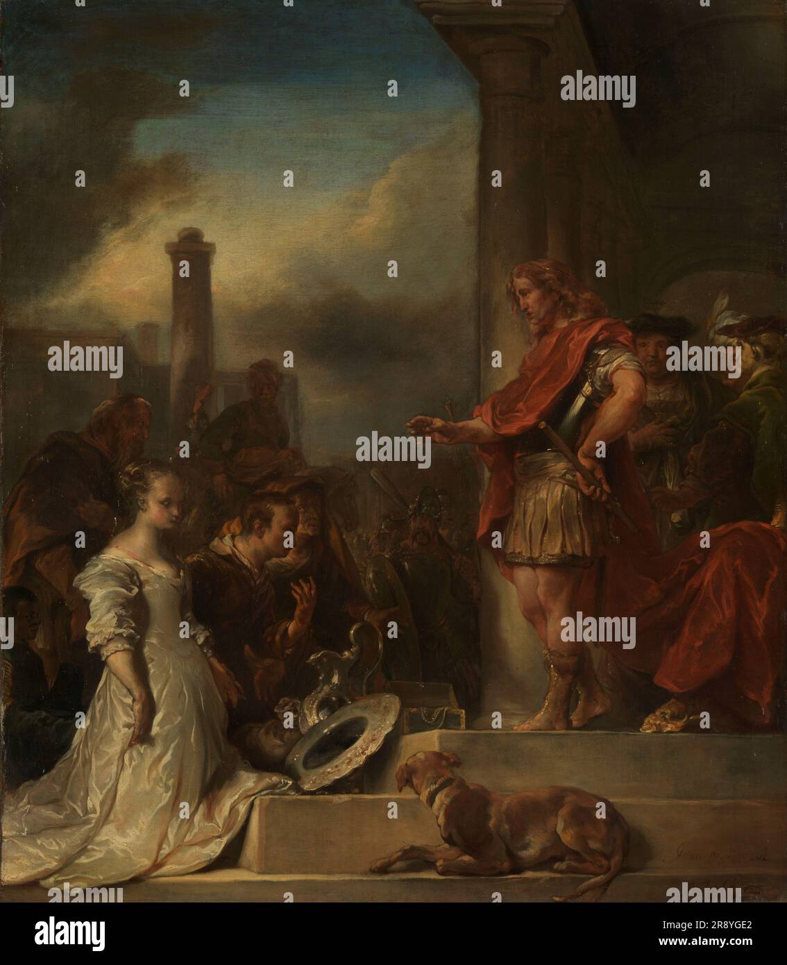Die Kontinenz von Scipio, 1672. Der römische General Scipio Africanus weigert sich, ein Lösegeld für eine junge weibliche Gefangene zu akzeptieren, und gibt sie zurück zu ihrem Verlobtené Allucius, der im Gegenzug ein Anhänger Roms wird. Scipios großmütige Behandlung eines Gefangenen galt als Beispiel für Gnade während des Krieges in klassischen Zeiten. Stockfoto