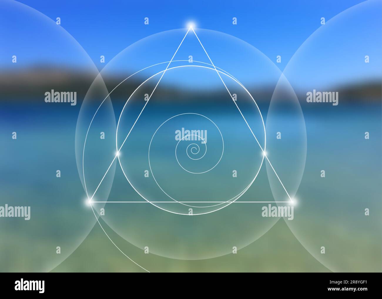 Ineinander greifende Kreise, Dreiecke und Spiralen Hipster heilige Geometriedarstellung mit goldenem Verhältnis, fibonacci Spirale. Vektor isoliert auf blauem Meer Stock Vektor