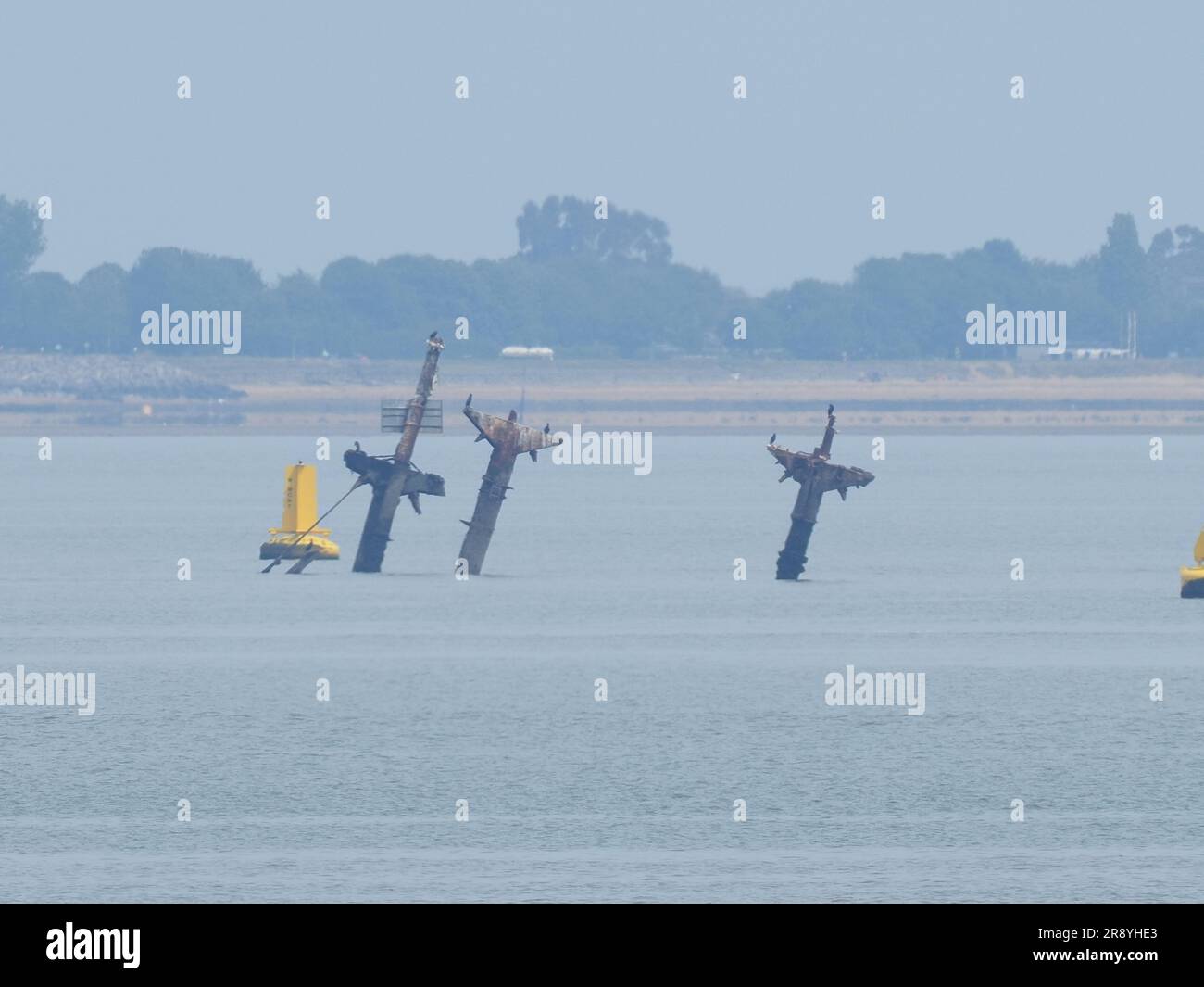 Sheerness, Kent, Großbritannien. 23. Juni 2023. Das Verkehrsministerium hat angekündigt, dass die Masten in diesem Jahr nicht vom Schiffswrack der Thames, SS Richard Montgomery, abgeschnitten werden (wie ursprünglich geplant und bereits um 1 Jahr verzögert). Da sie 18 Objekte auf dem Meeresboden identifiziert haben, die verhindern würden, dass eine Aufbockplattform installiert wird, um die Masten sicher zu entfernen, ziehen sie alternative Optionen in Betracht. Das Schiff sank 1944 mit 1400 Tonnen Sprengstoff an Bord, 1,5 Meilen nördlich von Sheerness, Kent, nahe der Mündung der Themse. Kredit: James Bell/Alamy Live News Stockfoto