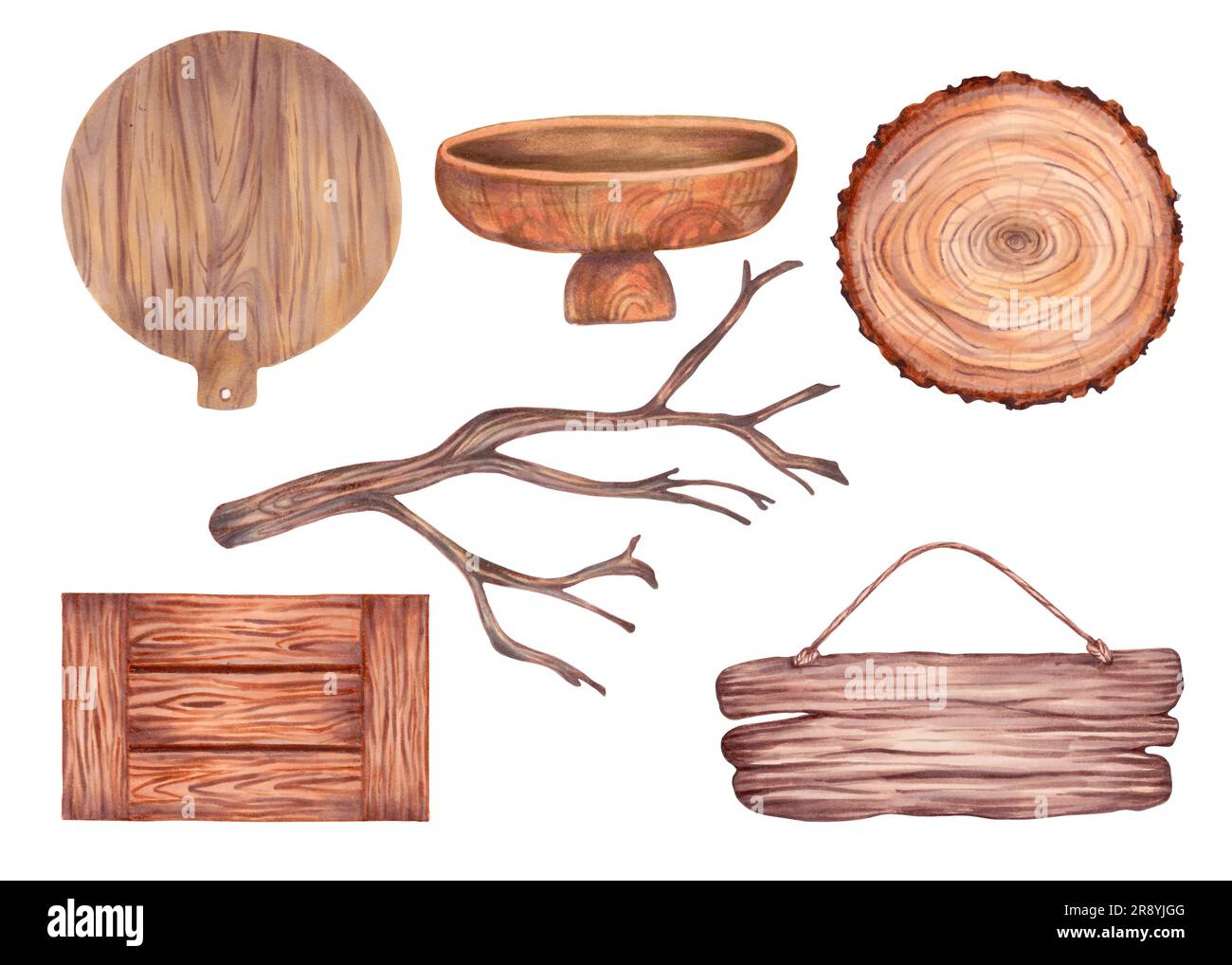 Set aus Holzgegenständen. Schneidebrett, Schüssel, Stumpf, Ast, Kasten, Ein Schild. Holzstruktur mit Rissen und Venen. Natürliches Material. Abbildung mit Stockfoto