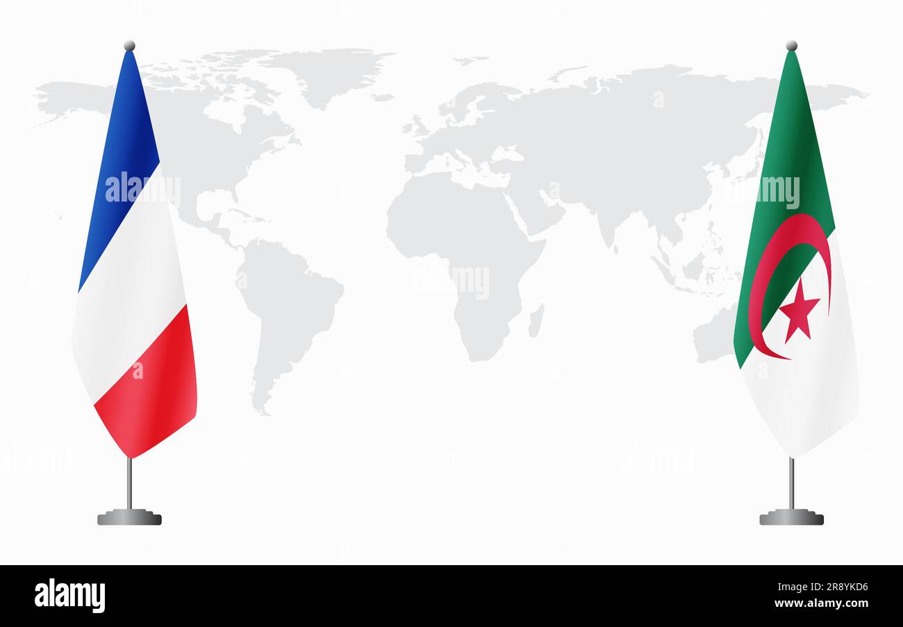 Flaggen Frankreichs und Algeriens für eine offizielle Tagung vor dem Hintergrund der Weltkarte. Stock Vektor