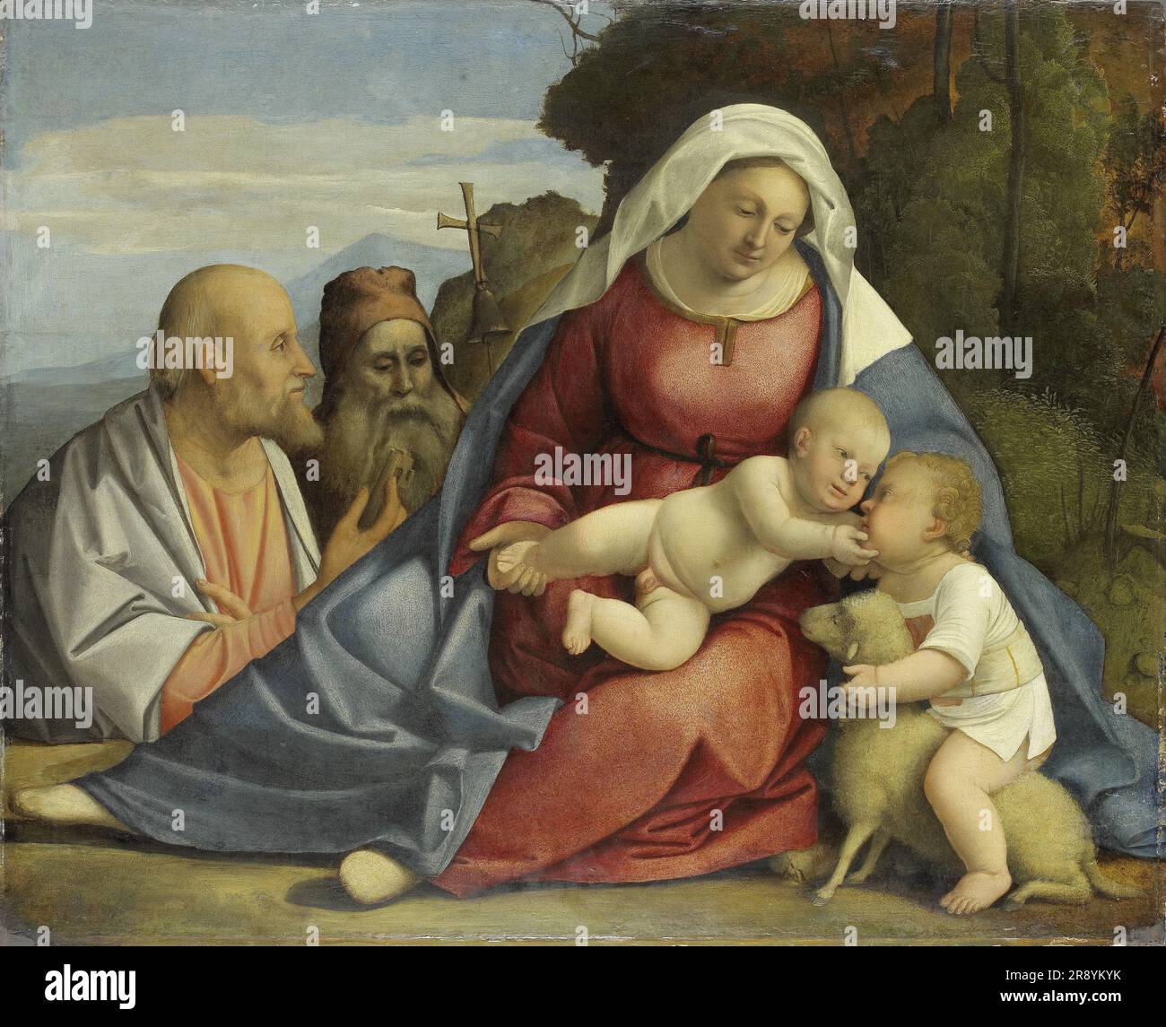 Madonna und Kind mit dem Kleinen Johannes dem Täufer und Heiligen Peter und Anthony, c.1515. Stockfoto