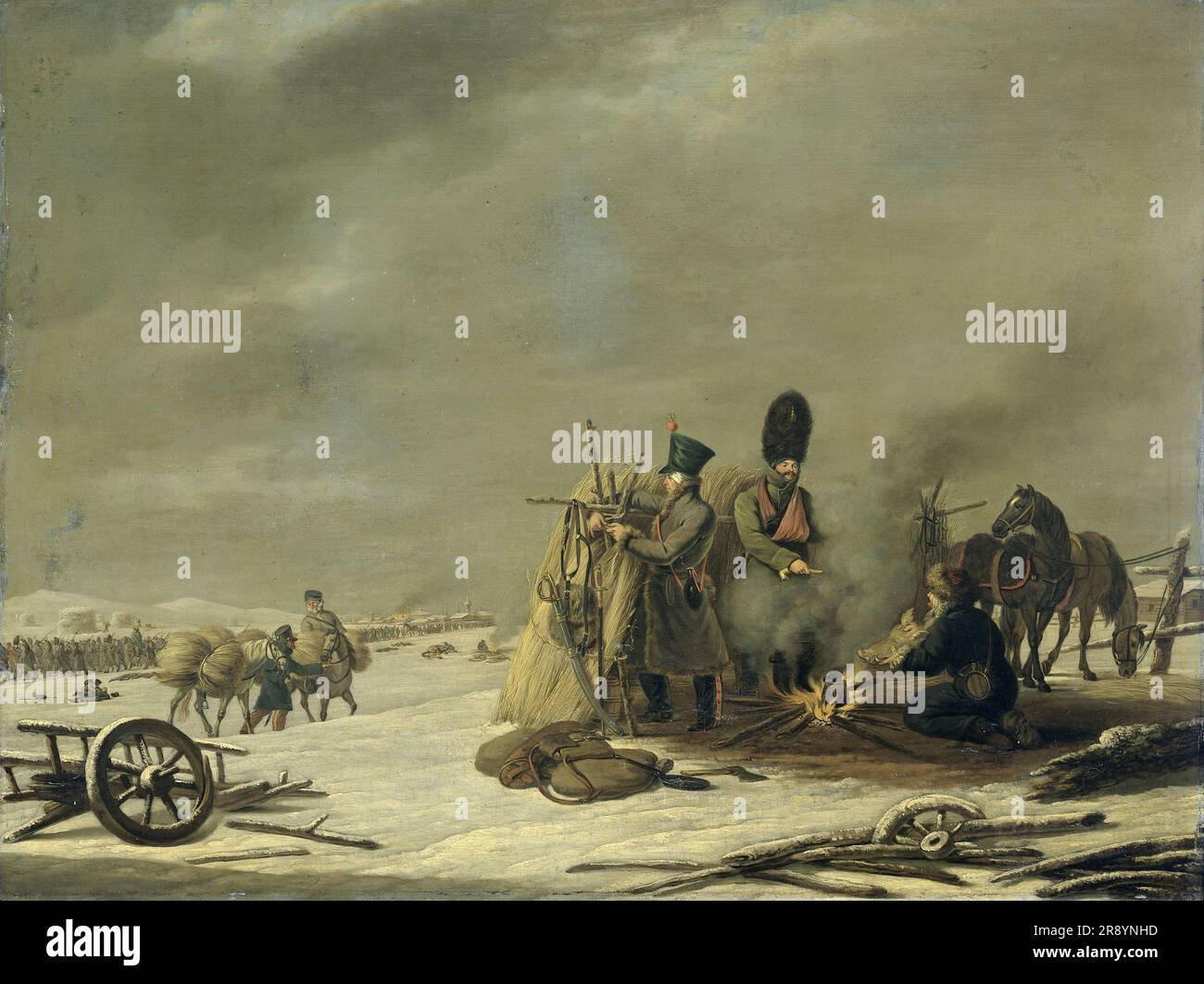 Bivouac in Molodechno, 3-4. Dezember 1812: Eine Episode aus Napoleons Retreat aus Russland, 1816. Soldaten an einem rauchenden Lagerfeuer - der Mann auf der rechten Seite hält einen Wildschweinkopf. Stockfoto