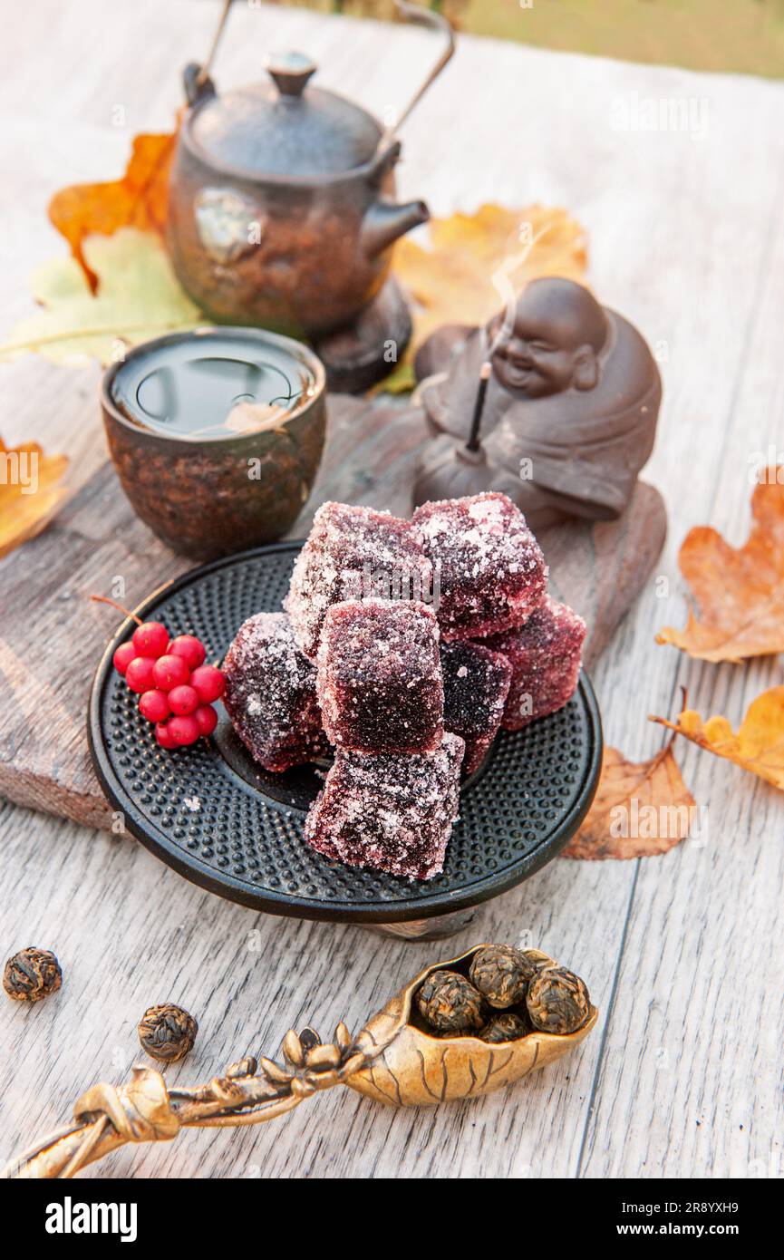 Hausgemachte Fruchtmarmelade aus verschiedenen Beeren mit Tee auf dem Tisch im Garten Stockfoto