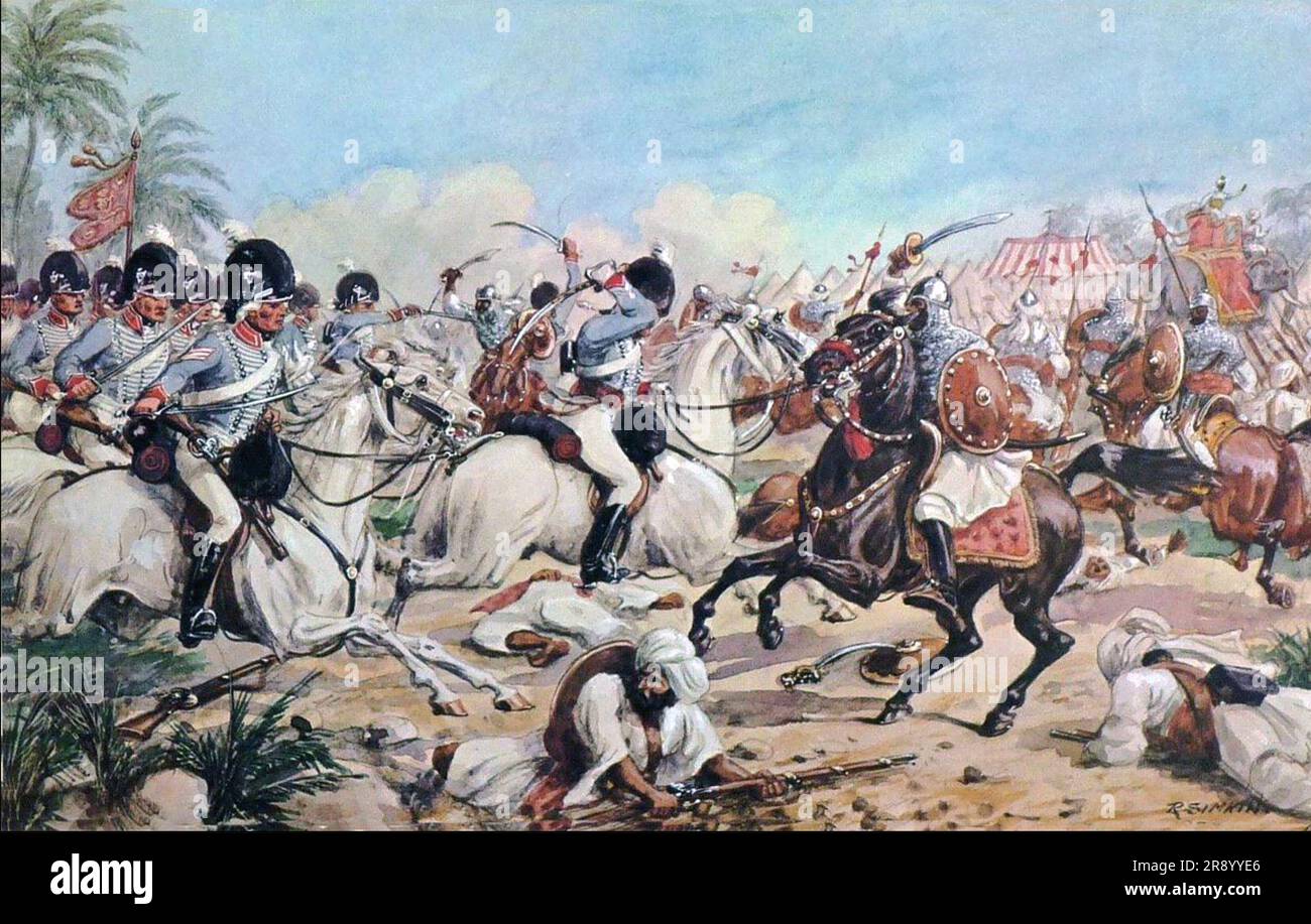 SCHLACHT UM LASWARI am 1. November 1803 während des Zweiten Anglo-Maratha-Krieges. Malerei von Richard Simkin Stockfoto