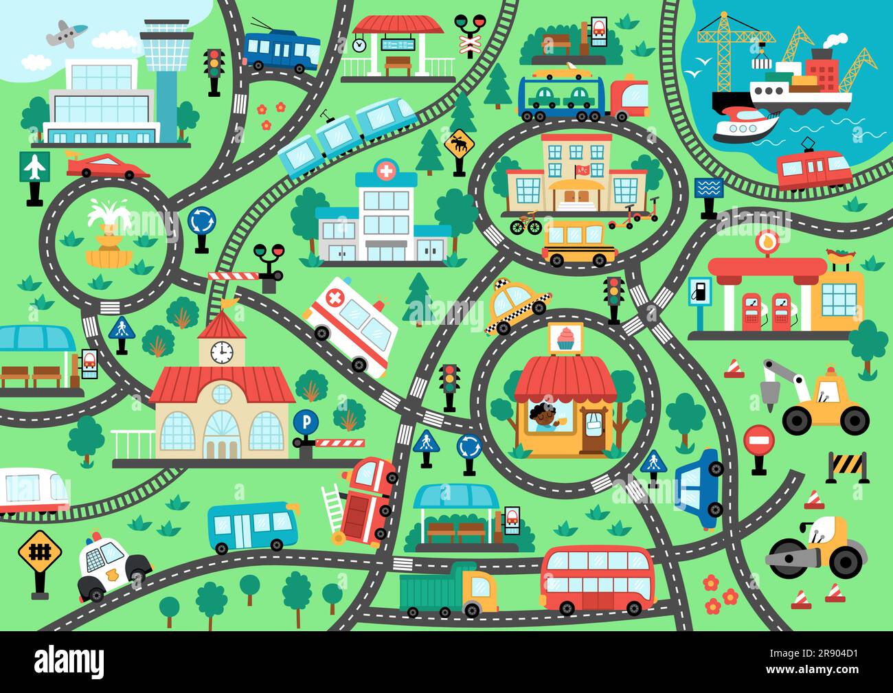 Stadtverkehrskarte. Hintergrund mit Eisenbahn, Straßen, Verkehrsschildern für Kinder. Vektor-Infografiken mit Zug, Auto, Straßenbahn, Lkw. Stadtplan mit Stock Vektor