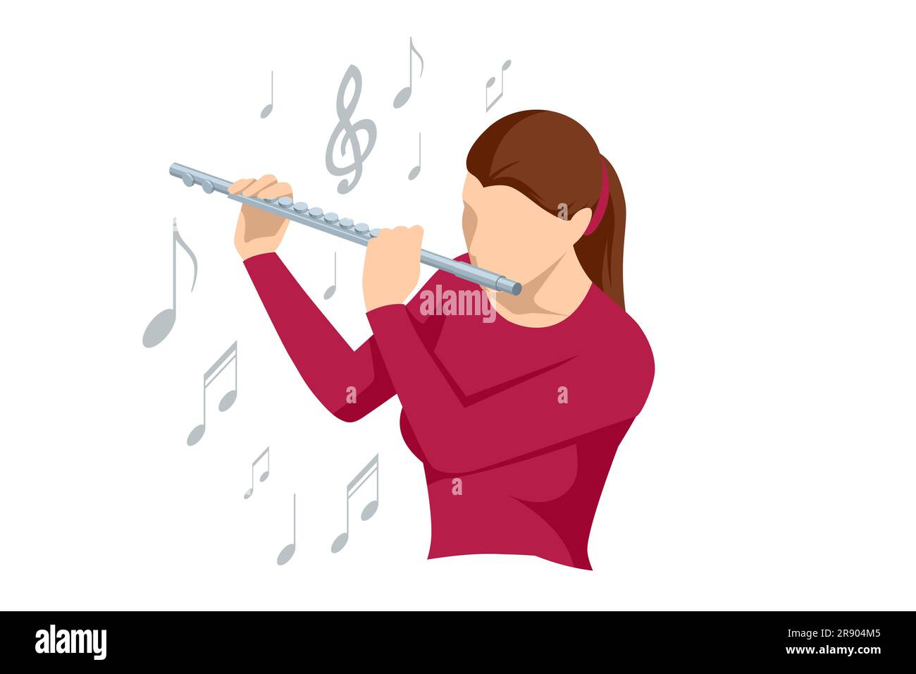 Isometrische Frau spielt Flöte. Flötenwindwinde Orchesterinstrument Stock Vektor