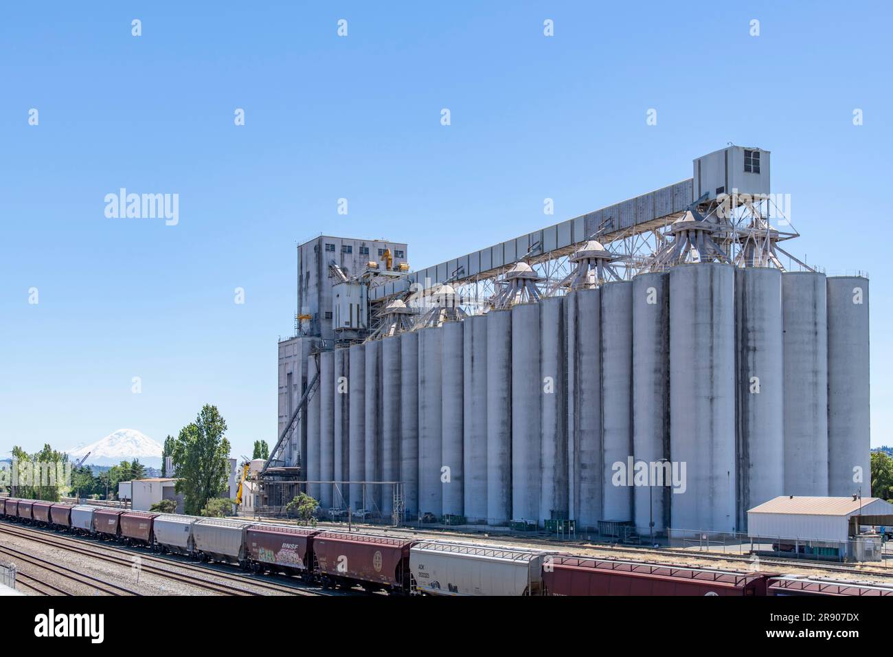 Seattle, WA, USA – Juli 2022; Blick auf einen großen Getreideaufzugskomplex in der Nähe von Hafenanlagen für den Export vom Nordostküsten der USA mit Bahngleisen an Stockfoto