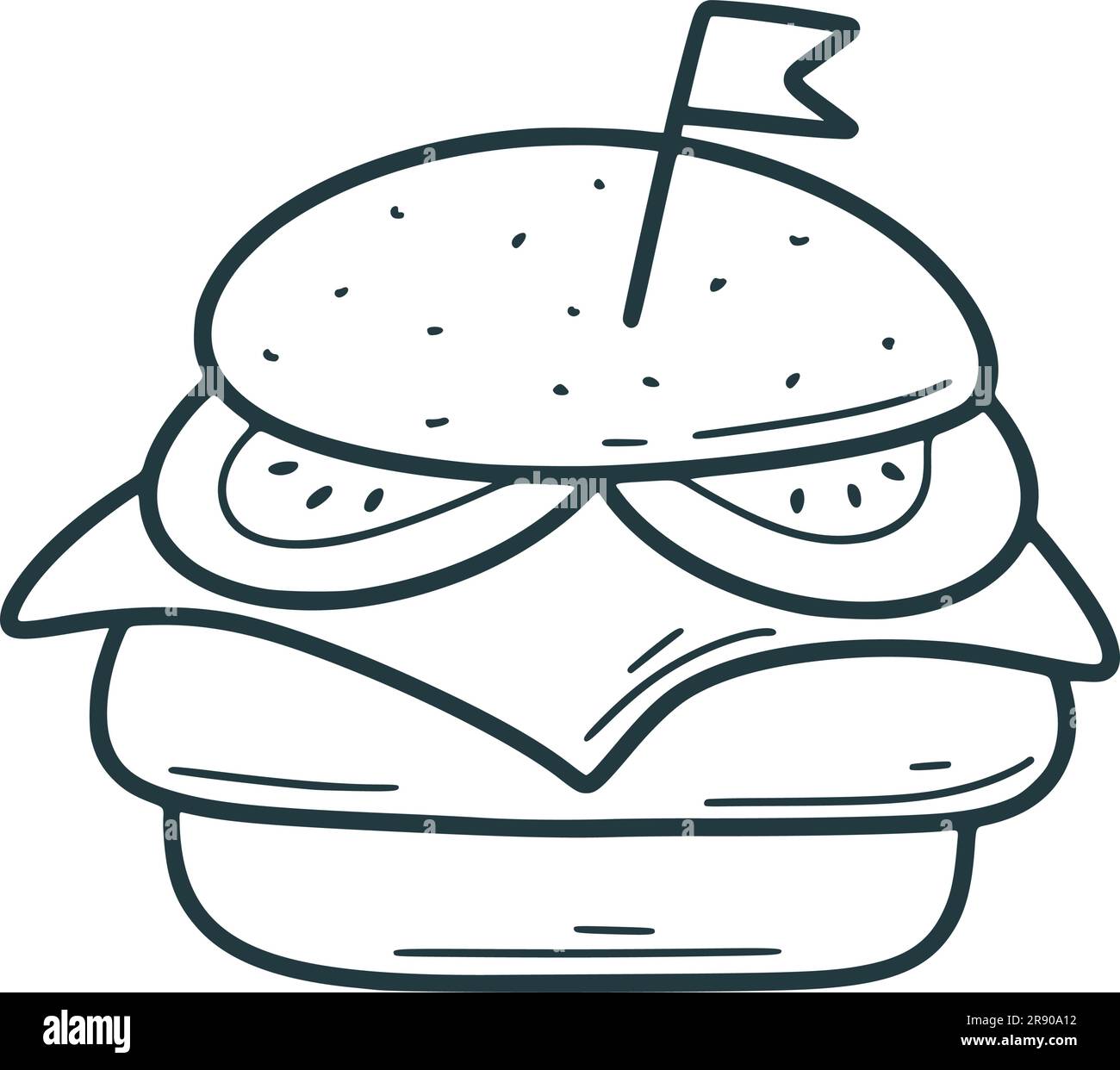 Handgezogener Burger. Fast-Food-Brötchen mit Schnittlauch, Käse, Salat und Tomate, Tintenskizze. Street-Food-Hamburger, isolierte Vektordarstellung Stock Vektor