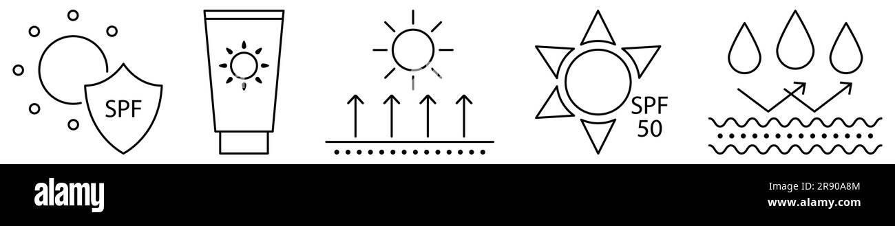 Satz von Symbolen für Sonnenschutzlinien. Sonnencreme und uv-Schutzkonzept Stock Vektor