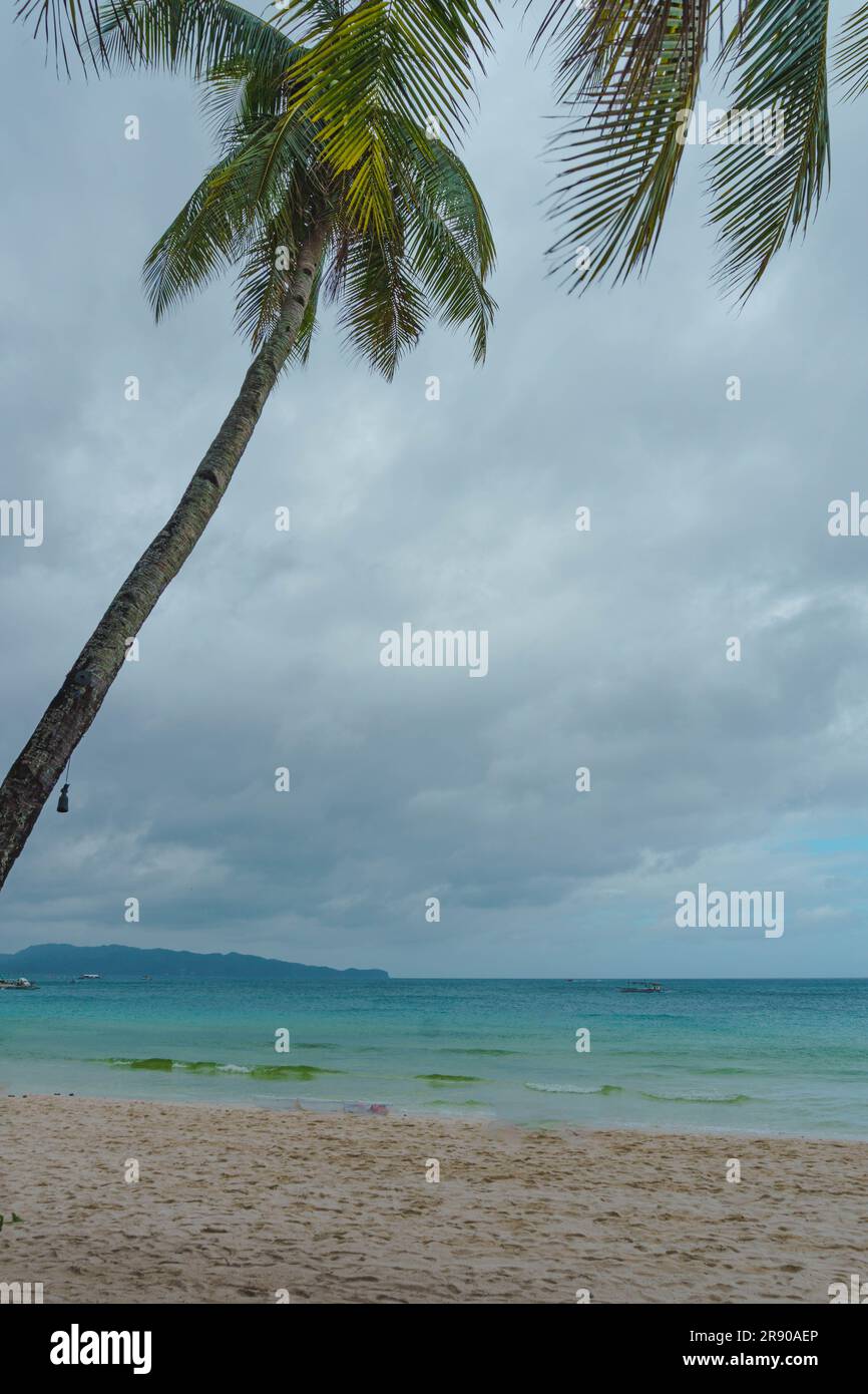 Von Palmen gesäumte Glückseligkeit auf Boracays unberührtem weißen Sand, den Philippinen Stockfoto
