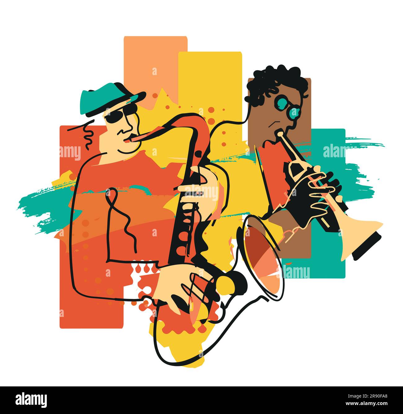 Jazzthema, Trompetenspieler und Saxophonist. Ausdrucksstarke, farbenfrohe Illustration zweier Jazzmusiker. Isoliert auf weißem Hintergrund. Vektor verfügbar. Stock Vektor