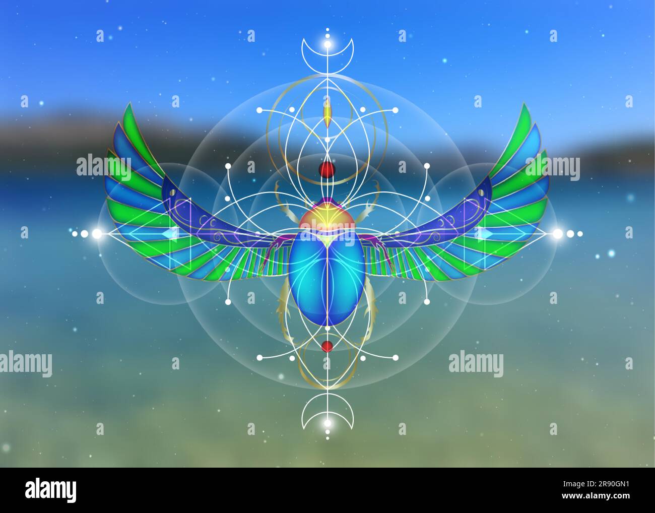 Heilige Geometrie, Scarab-Käfer auf der Blume des Lebens, mystische Zeichnung von Kreisen, Dreiecken, Mond, Energieschema. Symbole der Alchemie, Magie, Esoterie, Stock Vektor