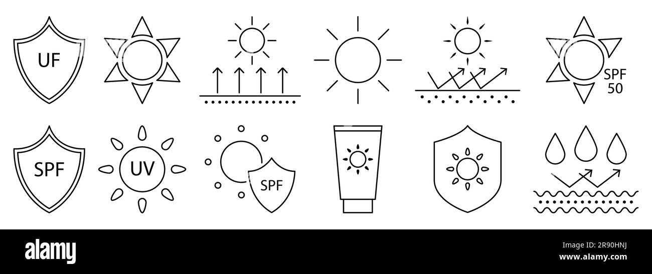 Symbole für Sonnenschutzumrisse. Sommerelemente. Vektordarstellung isoliert auf weißem Hintergrund Stock Vektor