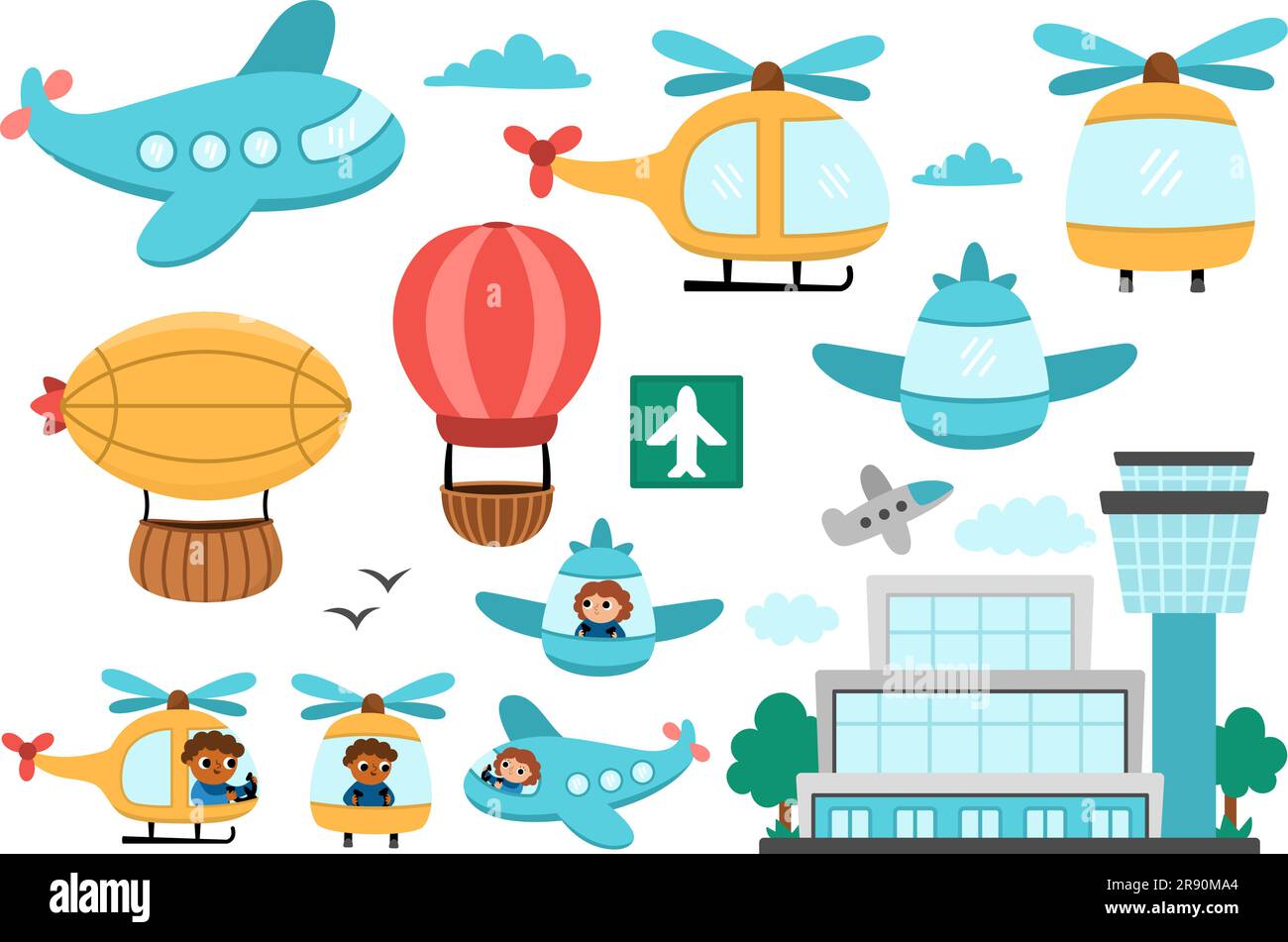 Vector-Lufttransport-Set. Lustige Transportsammlung mit Flugzeug, Zeppelin, Hubschrauber, Heißluftballon, Wolken, clip-Art für kinder. Süße A Stock Vektor