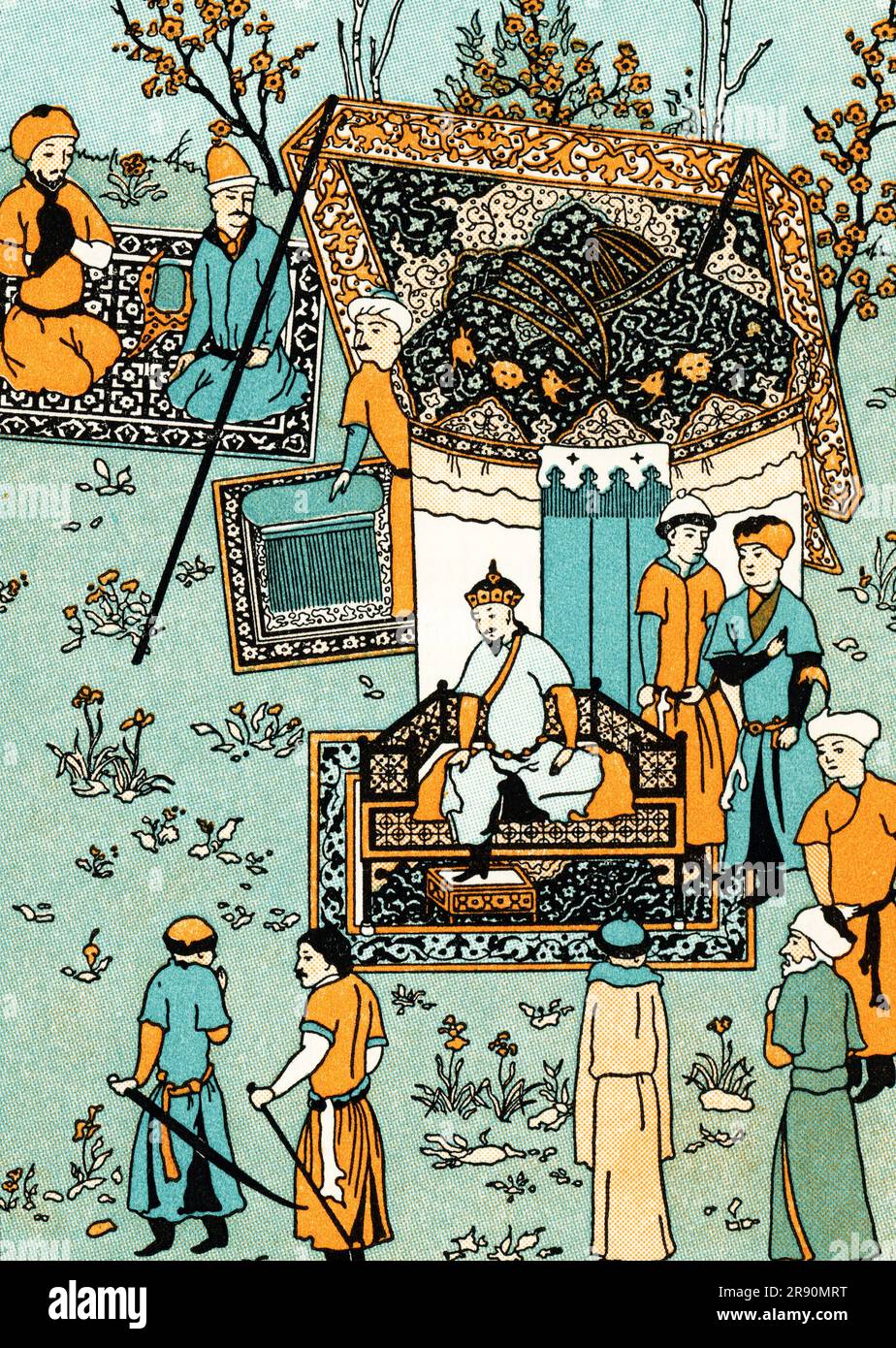 Timur gewährt anlässlich seines Beitritts eine Audienz. Nach einer Illustration von Garrett Zafarnama, 1467. Timur (1336-1405) war ein türkisch-mongolischer Eroberer, der das Timurid-Reich in und um das moderne Afghanistan, den Iran und Zentralasien gründete und der erste Herrscher der Timurid-Dynastie wurde. Stockfoto