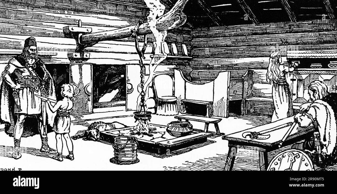 Eine Illustration des Innenraums eines Wikingerhauses. Von Donn Philip Crane (1878-1944). Im gesamten nordischen Land lebten die Menschen in Langhäusern (langhús). Langhäuser wurden typischerweise um Holzrahmen auf einfachen Steinfußböden gebaut. Stockfoto
