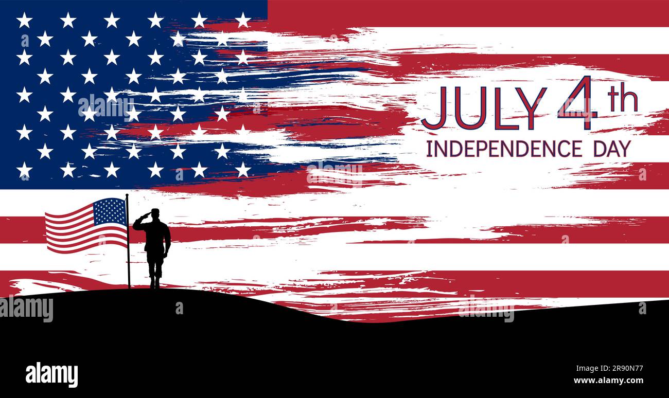 Stilisiertes Amerikanisches Flaggendesign. Silhouette eines Soldaten auf einem Hügel vor dem Hintergrund der Flagge. Feiertag Unabhängigkeitstag 4. Juli. Stock Vektor