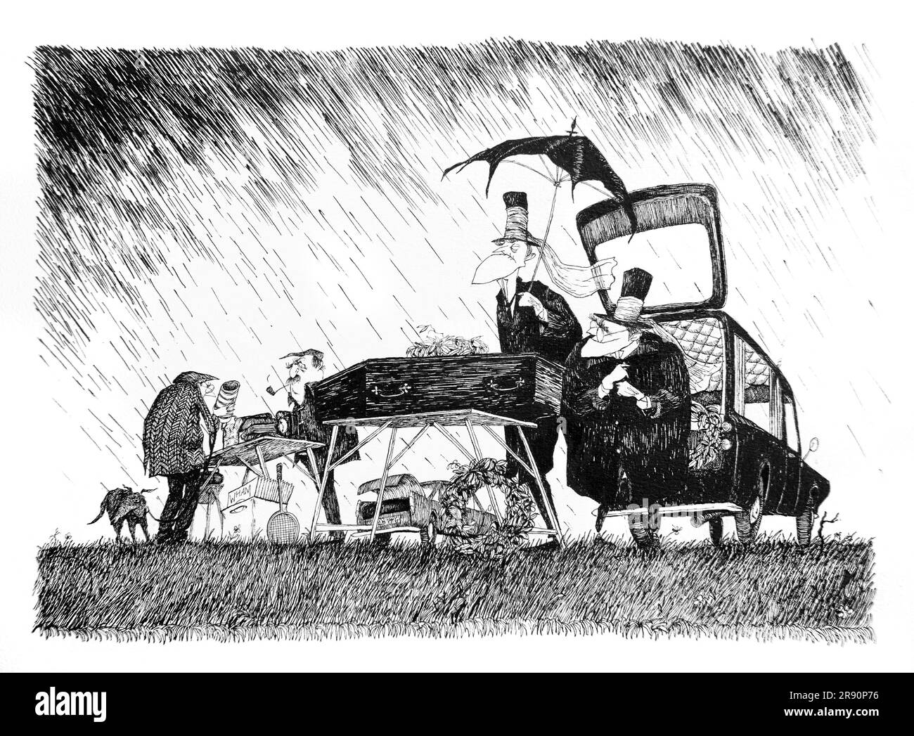 Humorvolle Zeichnung mit Stift und Tinte von Bestattungsleitern, die Särge bei einem Autostiefelverkauf verkaufen. Stockfoto