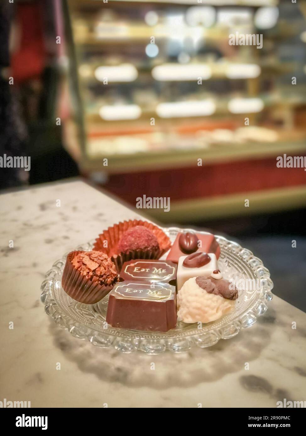 Luxuriöse Schokolade im Schokoladencafé Stockfoto