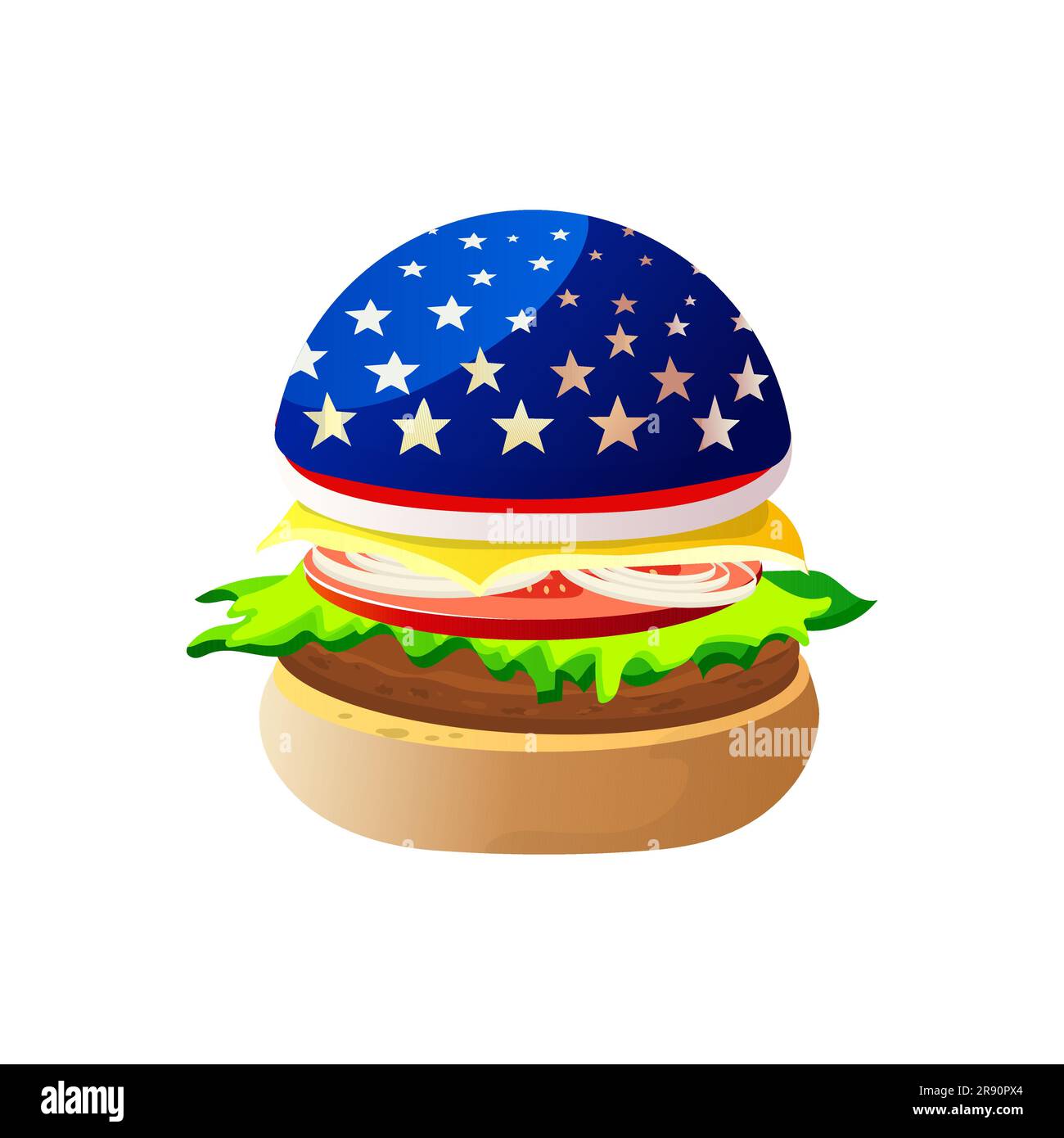 Amerikanischer Burger mit US-Flagge auf weißem, isoliertem Hintergrund. Stock Vektor