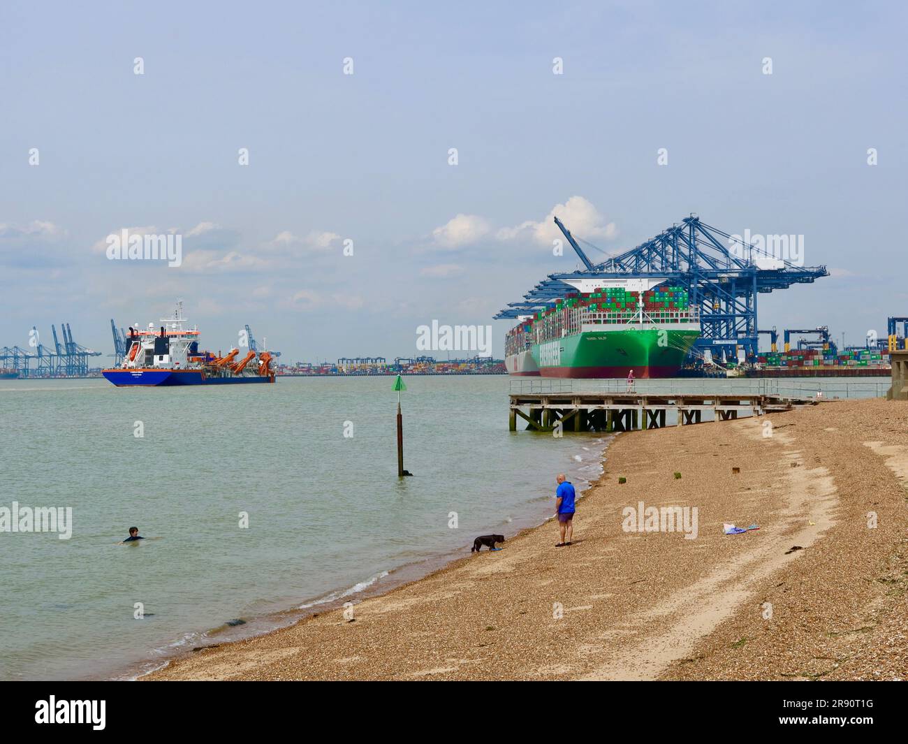 Felixstowe, Suffolk - 23. Juni 2023 : heißer Sommernachmittag am Landguard Point : Evergreen Ever Alp Containerschiff, am Hafen beschissen. Stockfoto