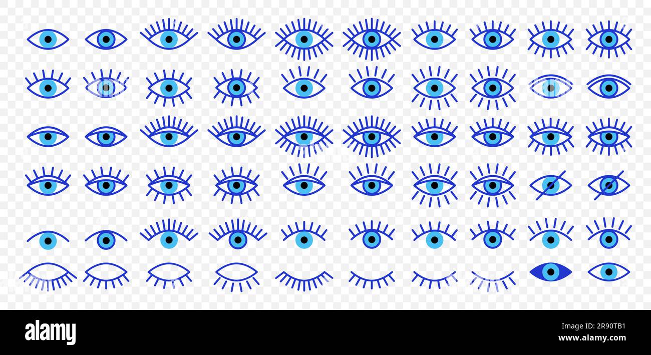 Vector Simple Flat Blue Outline Evil Eye-Symbole. Linear Offene, geschlossene Augen Bilder, Schlafaugenformen mit Augenlider, Übersichts- und Suchzeichen Stock Vektor