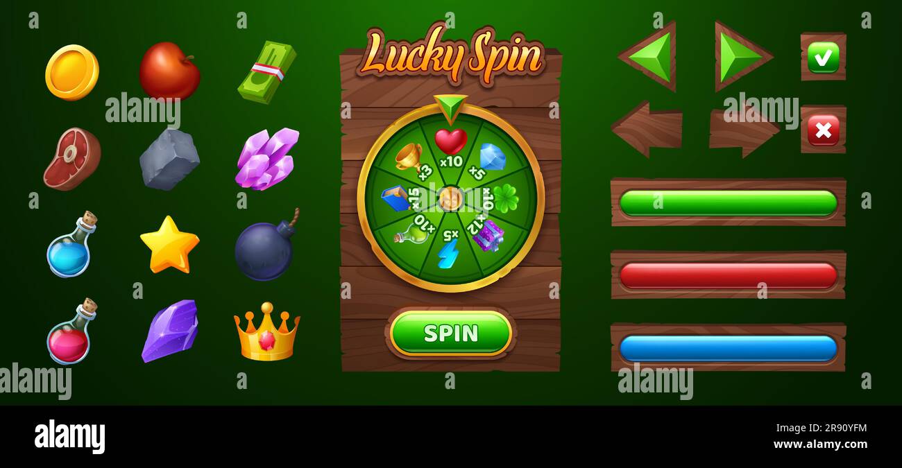 Die benutzeroberfläche des Roulette-Radspiels mit Darstellung des Button-Vektors drehen. Casino-Glücksspiel-Schnittstelle mit Zufallsgewinn. Der Verlosungsbonus mit rollenspiel-Promotionen sorgt dafür, dass Sie mit Glück gewinnen können. Glücksspiel auf Holzbrettern Stock Vektor