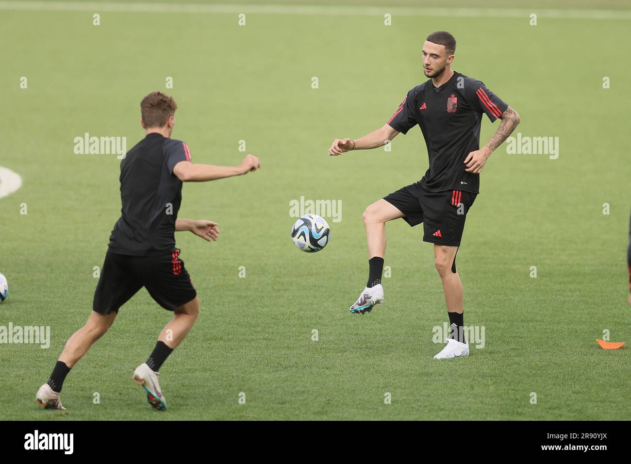 Tiflis, Georgia. 23. Juni 2023. Belgiens Zeno Debast wurde während eines Trainings der belgischen Fußballmannschaft U21 bei der UEFA-Europameisterschaft Under21 in Tiflis, Georgien, am Freitag, den 23. Juni 2023 gezeigt. Die UEFA-Europameisterschaft Under21 findet vom 21. Juni bis zum 08. Juli in Georgien und Rumänien statt. BELGA FOTO BRUNO FAHY Kredit: Belga News Agency/Alamy Live News Stockfoto