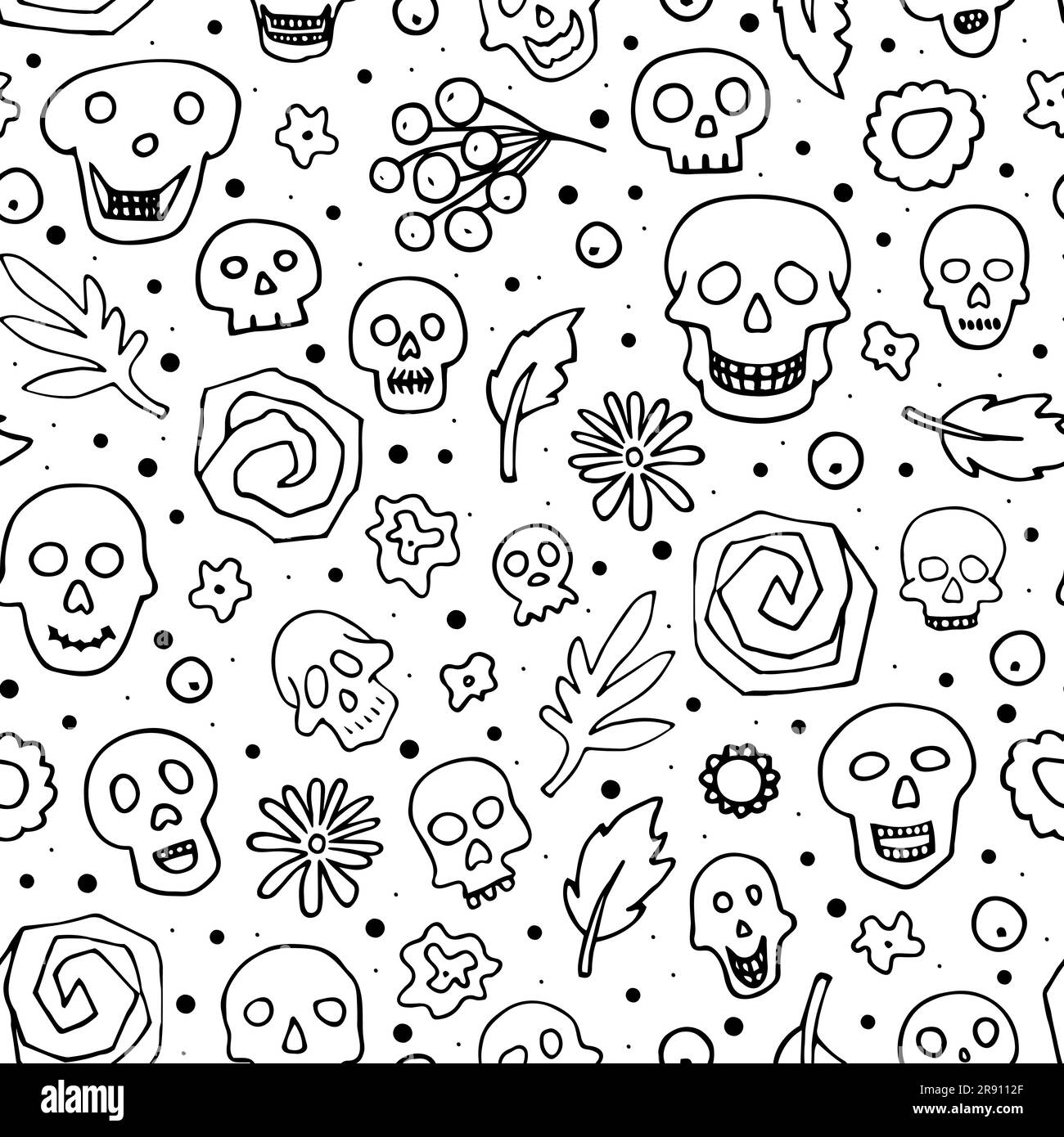 Doodle Halloween Schädel, Blumen nahtlose Muster. Skelett, Pflanze auf weißem Hintergrund. Handgezeichnetes El Dia de los Muertos. Mystischer Charakter. Vektor i Stock Vektor