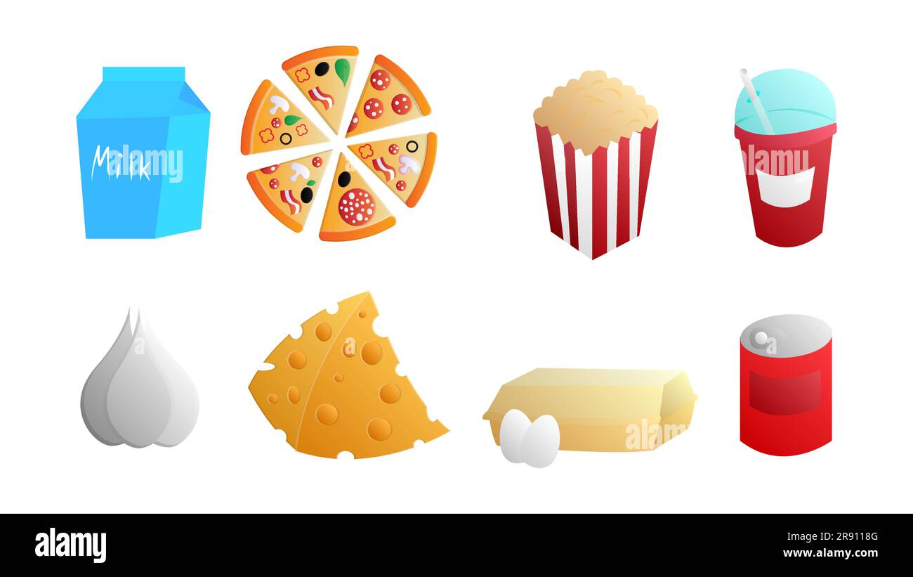 Ein Set aus acht Ikonen köstlicher Speisen und Snacks für ein Café-Bar-Restaurant auf weißem Hintergrund: Milch, Pizza, Popcorn, Cocktails, Knoblauch, CH Stock Vektor