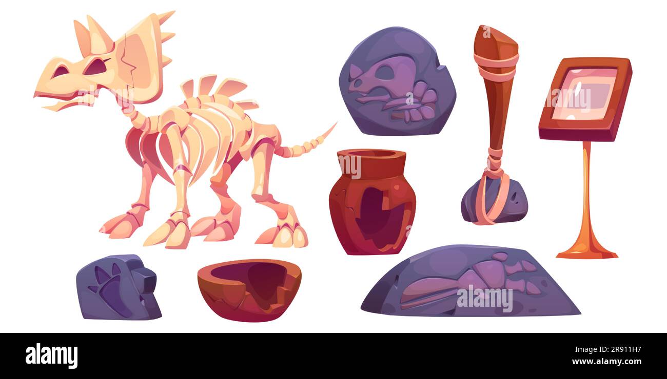 Fossil-Dinosaurier-Skelett für Museumsvektor-Cartoon-Ikonenset. Steinabdruck, Triceratops-Knochen und -Schädel auf dem Hintergrund isoliert. Graben Sie eine uralte jurassic Archäologe Entdeckungsausstellung mit zerbrochener Vase Stock Vektor Fossil-Dinosaurier-Skelett für Museumsvektor-Cartoon-Ikonenset. Steinabdruck, Triceratops-Knochen und -Schädel auf dem Hintergrund isoliert. Graben Sie eine uralte jurassic Archäologe Entdeckungsausstellung mit zerbrochener Vase Stock Vektor