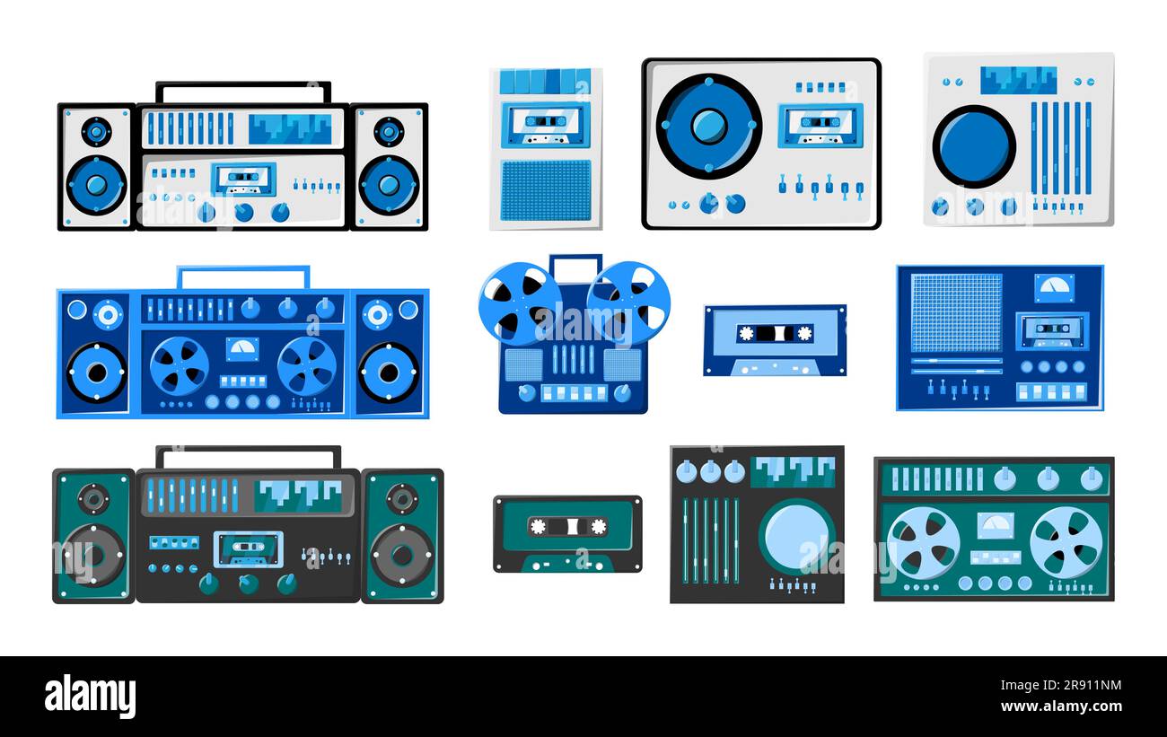Set aus blütigen alten, altmodischen Hipster-Musikelektronik-Geräten: Audiokassettenrekorder mit Magnetband, dj-Konsole von 70s, 80s, 90s. Stock Vektor