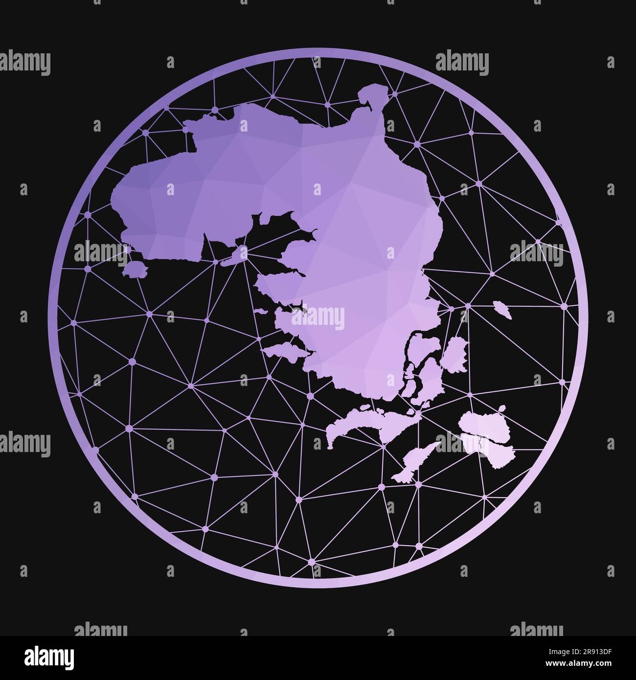 Symbol für Bintan Island. Polygonale Vektordarstellung. Bintan-Symbol im geometrischen Stil. Die Inselkarte mit violettem, niedrigem polyvalenten Verlauf auf dunklem Hintergrund. Stock Vektor
