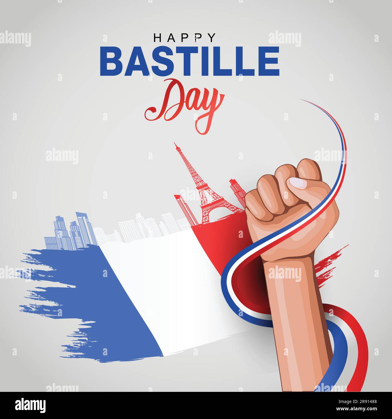 Kreative Vektorgrafik Illustration, Karte, Banner oder Poster für den französischen Nationalfeiertag. Alles Gute Zum Bastille-Tag. Hand halten Frankreich Flagge Design. vektor-illustrative Stock Vektor