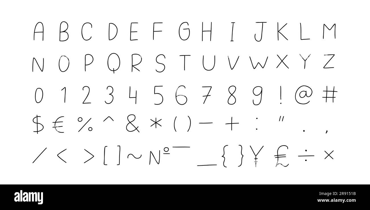 Kindergerechte schwarze englische lateinische abc-Schriftart mit Ziffern und Symbolen, handgeschrieben Von A bis Z, 0 bis 9 Kollektion. Vektordarstellung im ISO-Stil Stock Vektor