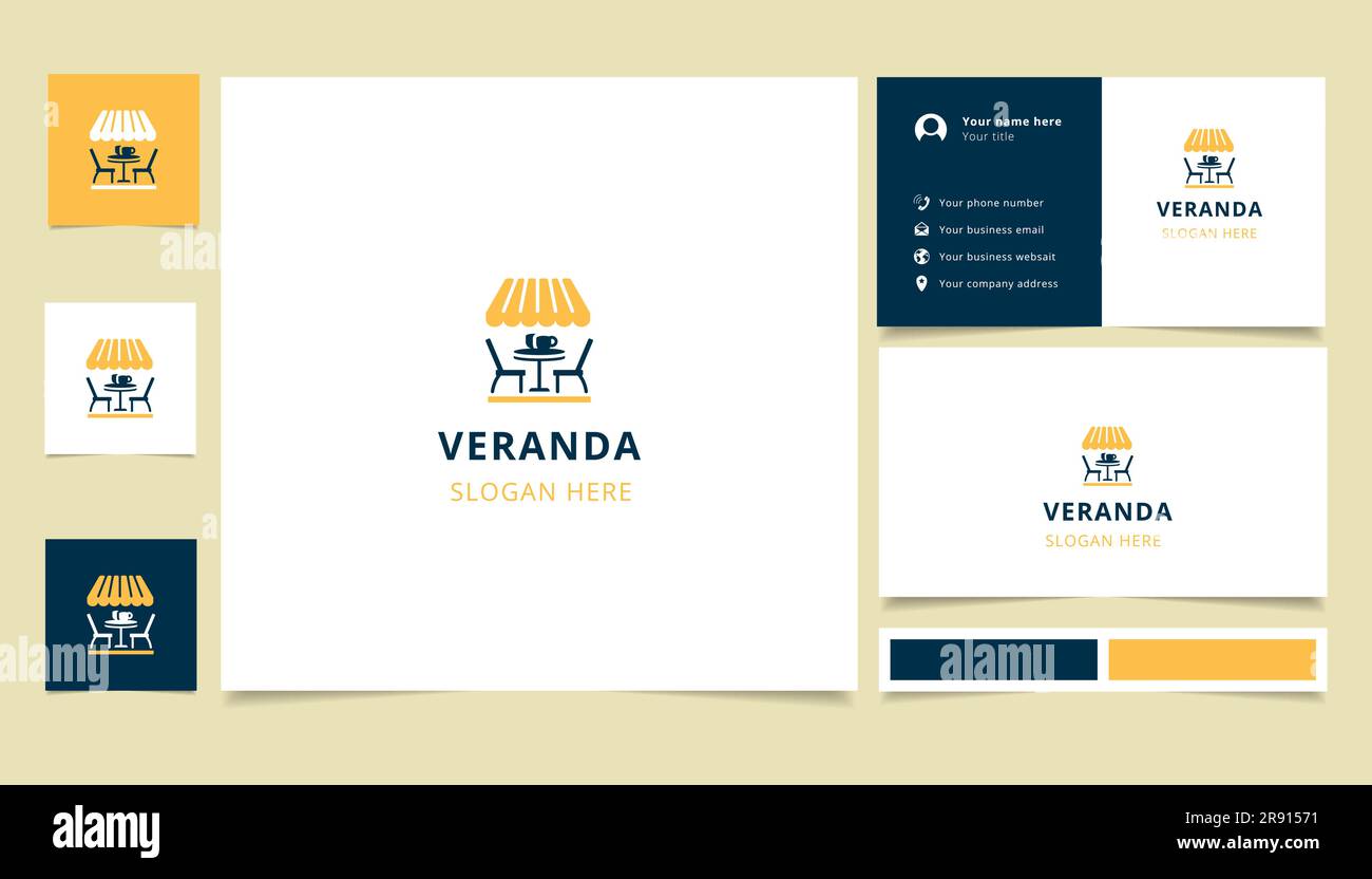 Veranda-Logo mit editierbarem Slogan. Branding-Buch und Visitenkartenvorlage. Stock Vektor
