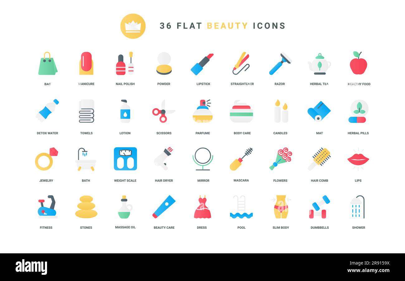Trendige flache Farbsymbole für Schönheitspflege Haut, Haarpflege, Make-up Kosmetik Hygiene, einschließlich Ölmassage für Körper Spa Salon Relax, Kräuter Entgiftungstherapie, Maniküre, gesunde Fitness Vector Illustration Stock Vektor