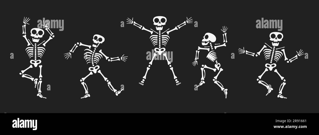 Skelette tanzen mit verschiedenen Positionen flaches Design Vektorbildungs-Set. Lustiger Tanz Halloween oder Day of the Dead Skeletons Sammlung. Stock Vektor