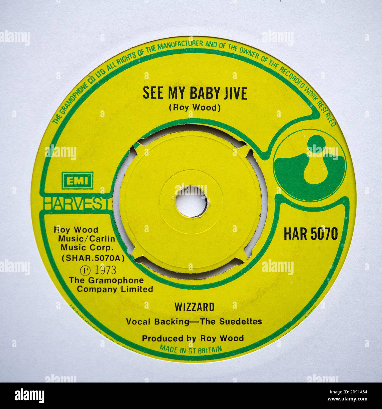Mittleres Etikett der 1973 erschienenen 7-Zoll-Einzelversion von See My Baby Jive von Wizzard Stockfoto