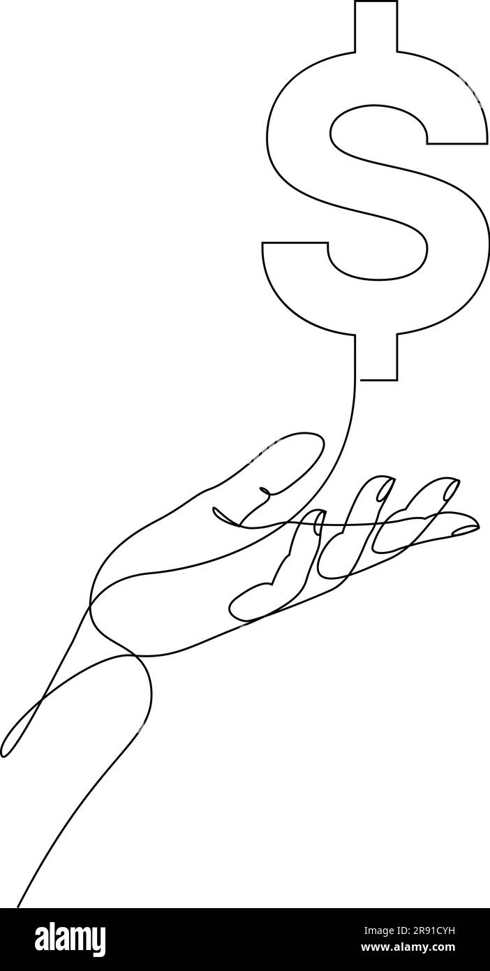 Hand haltendes Dollarzeichen durchgehende einzeilige Zeichnung. Währung, Finanzwesen und Investmentkonzept in einer Strichkunst gezeichnet. Vektordarstellung Stock Vektor