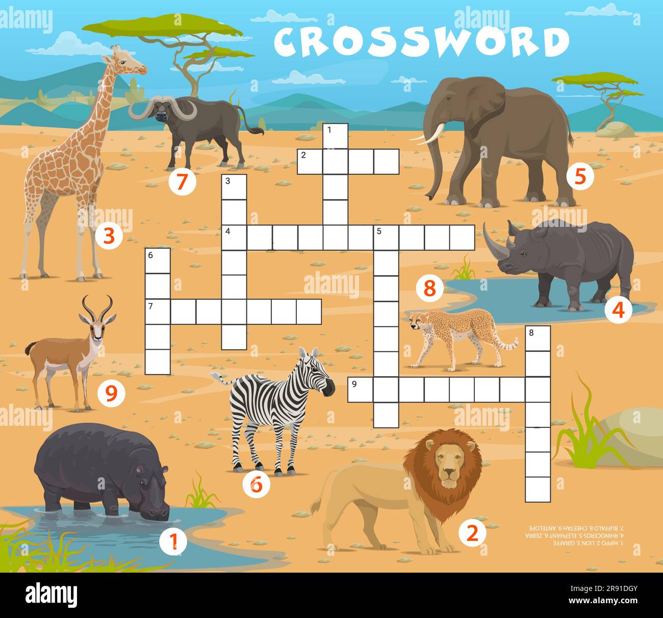 Kreuzworträtsel-Quiz-Spiel Afrikanische Savanne Safari Tiere, Vektor-Arbeitsblatt Raster. Löwen, Zebras und Elefanten mit Büffeln und Nashörnern oder Nilpferden in Afrika können Kinder ein Kreuzworträtsel spielen Stock Vektor