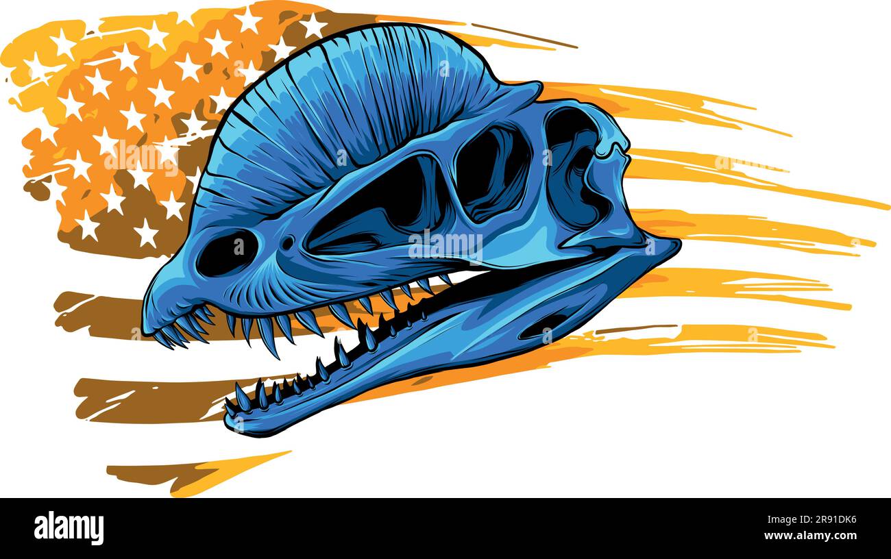 Dilophosaurus Dinosaurier Schädel Fossil mit amerikanischer Flagge Stock Vektor