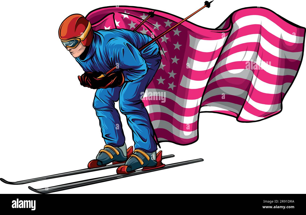 Vektordarstellung eines Skifahrers mit amerikanischer Flagge Stock Vektor