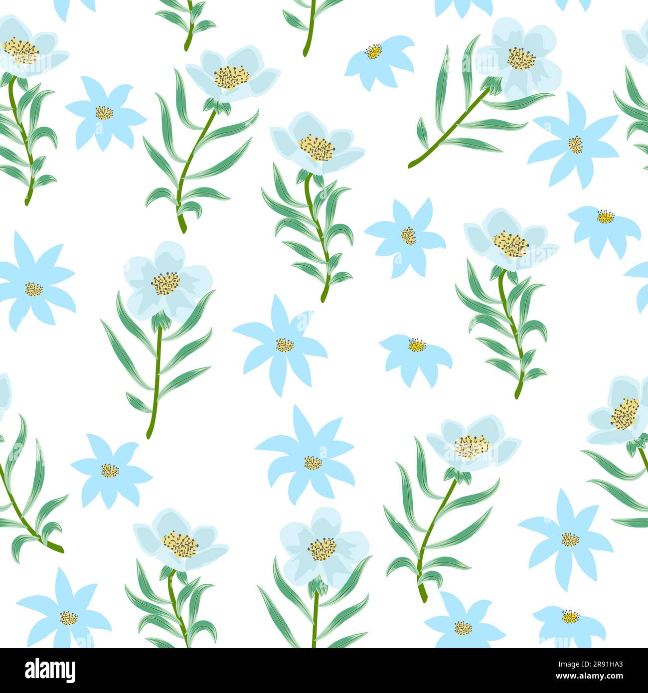 Nahtloses Muster mit abstrakten Blüten in blauen Farben, Vektorhintergrund, Pflanzen, botanisches Design für Mode, Stoff, Tapete Stock Vektor