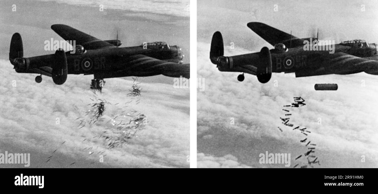 AVRO LANCASTER OF101 Sq RAF Over Duisburg, Deutschland, 14-15. Oktober 1944. Auf der linken Seite werden die „Fenster“-Streifen abgelegt, um das feindliche Radar zu verwirren, gefolgt von 108 30 Kilo schweren Brandstiftungen und einer 4.000 Kilo schweren „Cookie“-Bombe. Die große Antenne auf dem Rumpf ist die Airborne „Cigar“, die die deutsche Telefonkommunikation stören soll. Stockfoto