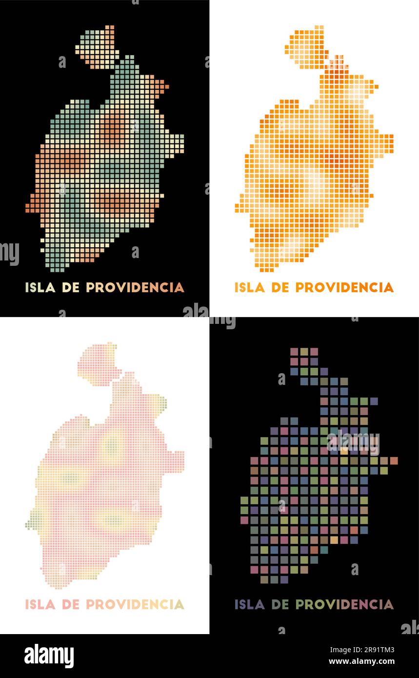 Karte der Isla de Providencia. Kartensammlung der Isla de Providencia im gepunkteten Stil. Die Inselgrenzen sind mit Rechtecken für Ihr Design gefüllt. Vecto Stock Vektor