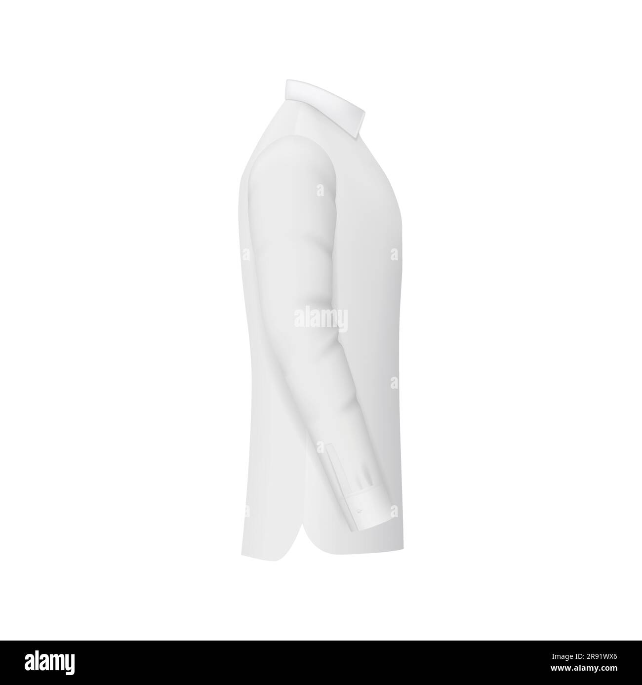 Weißes Herrenhemd-Mockup, 3D formelles Männerkleid mit langen Ärmeln, Seitenansicht. Isolierter Vector sark, modisches klassisches Uniformmotiv mit Kragen, Bündchen und maßgeschneiderter Passform Stock Vektor