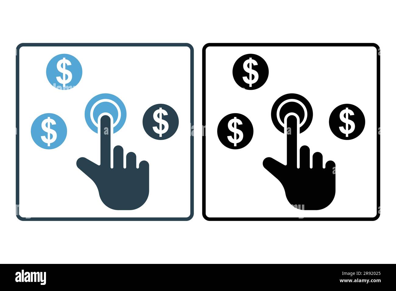 Symbol für Bezahlung pro Klick. Handberührung mit Dollar, klicken Sie auf Money seo. Solides Icon-Design. Einfache Vektorkonstruktion editierbar Stock Vektor